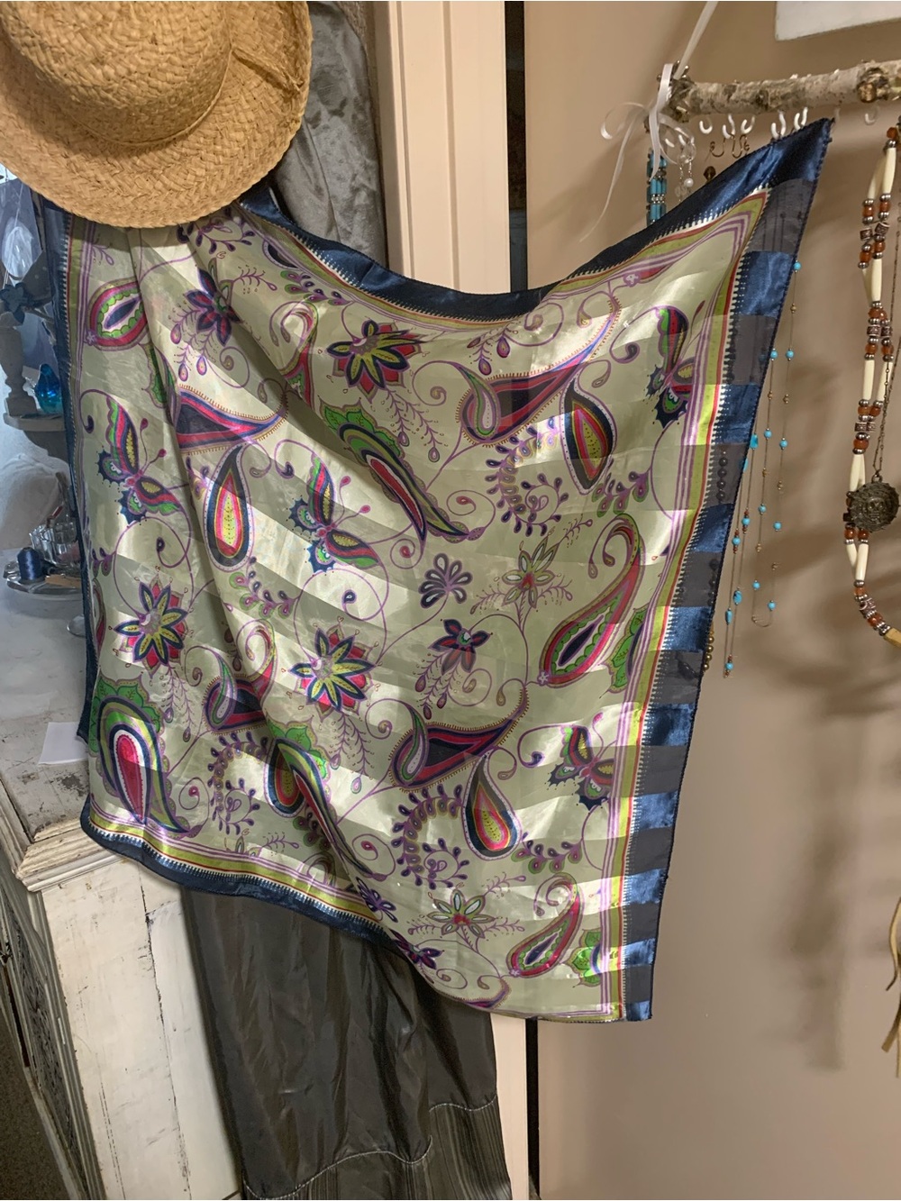 Silk-Feel Paisley Wrap Scarf in Sage Green and Multicolor
